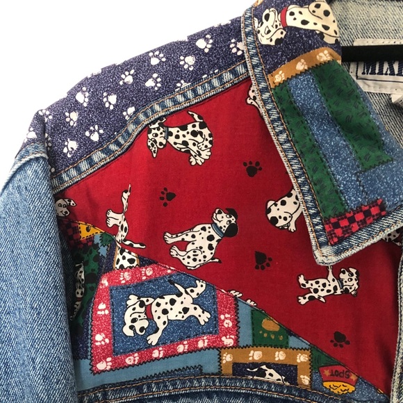 Vintage Patchwork Denim Jean Jacket Dalmatian Dog Quilt Size Large - Picture 3 of 9